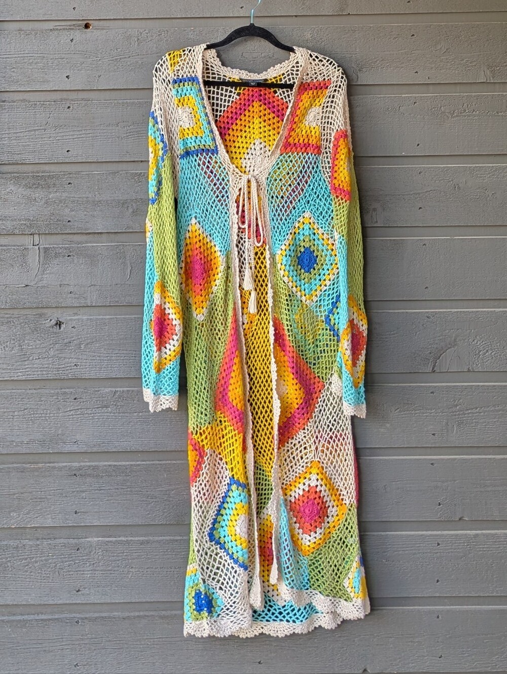 Boston Proper Rainbow Granny Square Crochet Long Line Duster Cardigan Size XL